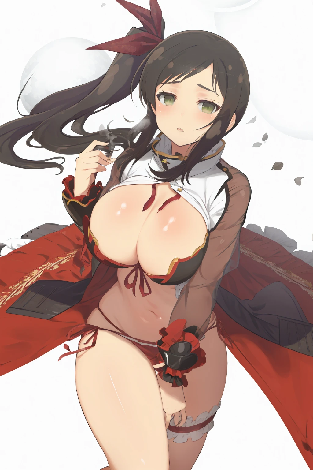 masterpiece, best quality, murakumo (senran kagura), side ponytail, large breasts, green eyes, long hair, ponytai, white background, <lora:murakumo_senran kagura-000012:1>