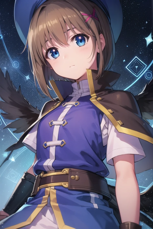 hayateyagami, <lora:hayate yagami v2-lora-nochekaiser:1>,
hayate yagami, yagami hayate, short hair, blue eyes, brown hair, hair ornament, x hair ornament,
BREAK fingerless gloves, gloves, hair ornament, hat, magic circle, magical girl, waist cape, wings,
BREAK outdoors, night, sky, starry sky, star \(sky\), moon,
BREAK looking at viewer, (cowboy shot:1.5),
BREAK <lyco:GoodHands-beta2:1>, (masterpiece:1.2), best quality, high resolution, unity 8k wallpaper, (illustration:0.8), (beautiful detailed eyes:1.6), extremely detailed face, perfect lighting, extremely detailed CG, (perfect hands, perfect anatomy),