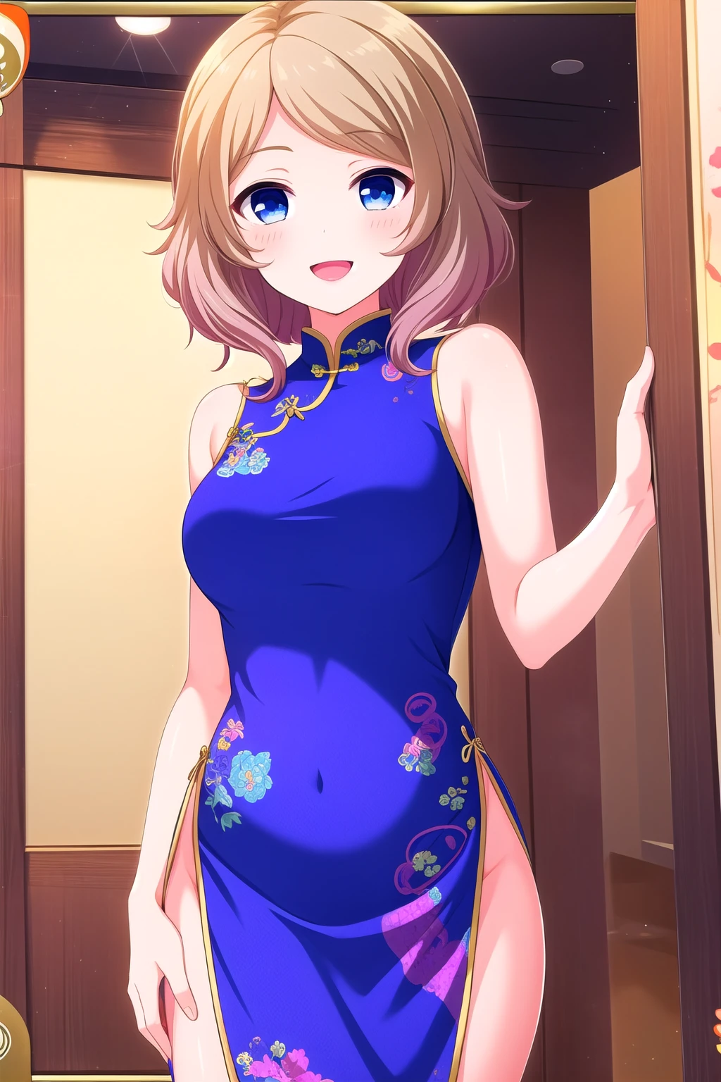 (masterpiece, best quality), highly detailed background, perfect lightingbest quality, yugekaede, solo, indoors, blonde hair, multicolored hair, brown hair, braid, twin braids, short hair, blue eyes, breasts, purple dress, china dress, <lora:GoodHands-vanilla:1>, chinese clothes, smile, open mouth, :d, pink lips, <lora:Yuge-Kaede:0.7>