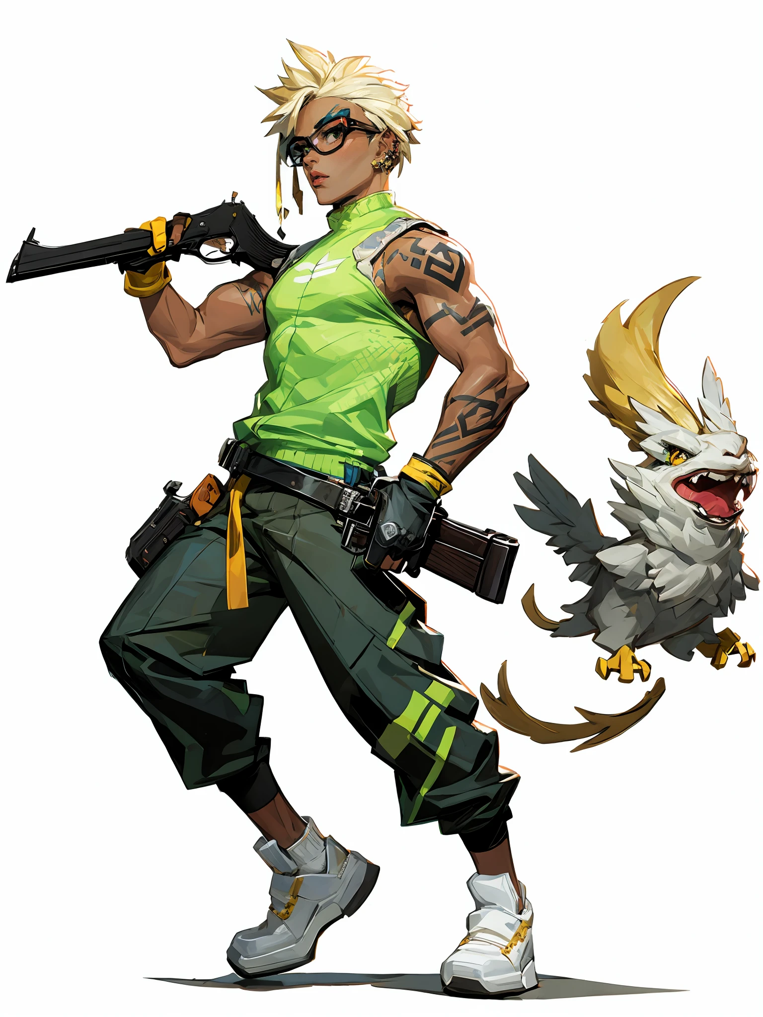 HEZI wa,weapon,holding gun,gun,holding weapon,holding,shoes,fingerless gloves,gloves,arm tattoo,tattoo,1boy,pants,white footwear,white background,from side,sneakers,male focus,bird,short hair,handgun,goggles,nose piercing,alternate costume,black gloves,dark skin,socks,solo,looking at viewer,blonde hair,piercing,earrings,brown pants,green eyes,jewelry,parted lips,animal on shoulder,simple background,dark-skinned male,official alternate costume,creature,sleeveless,1girl,animal,ear piercing,black pants,<lora:çå­ç³»åââæ¬§ç¾è§è²è®¾è®¡ç«ç»:0.85>,