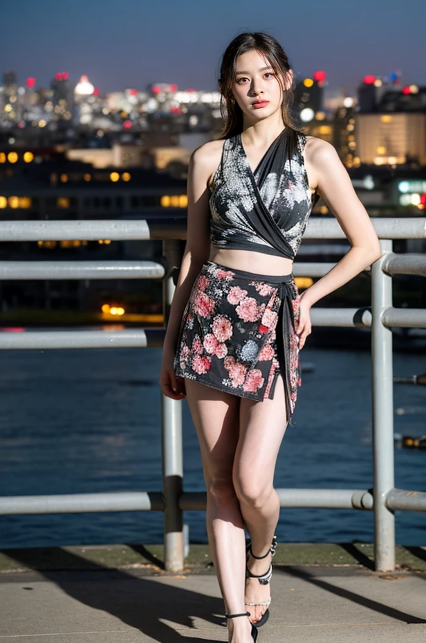 nikon RAW photo, 8k, Fujifilm XT3, blurry background, masterpiece, best quality, 1girl, solo, realistic, photorealistic, (extremely detailed face), looking at viewer, ultra-detailed eyes and pupils, ultra detailed, serious expression, standing against a city skyline at night, (Wrap_top:1.5), (Floral_printed_skirt:1.4), (Block_heel_sandals:1.3), <lora:seeunlorashyv1_5:1>