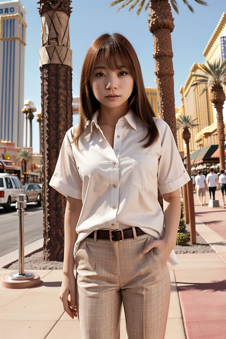 <lora:jpmana_obj20:0.7>, full_body, standing, sandals, (shirt), pants, (las vegas strip), (jpmana: 1.3), perfect face, (contact iris: 1.1), pale skin, skin pores , depth of field