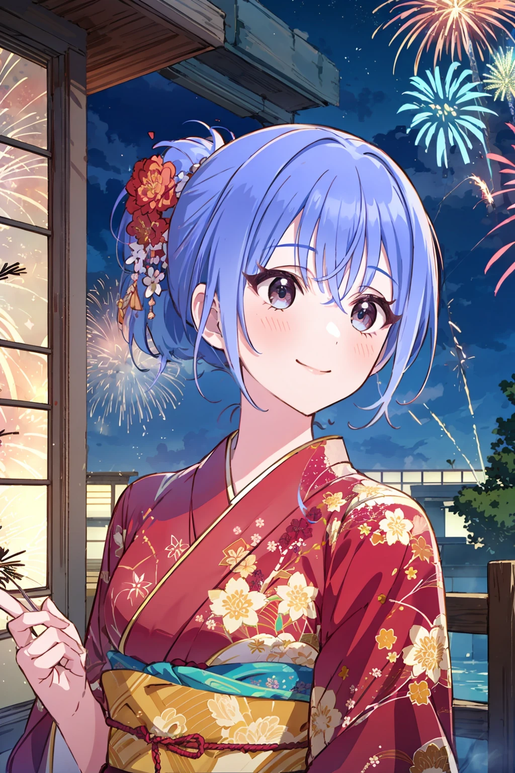 h_suzuki, 1girl, blue hair, smile, medium hair, night, outdoor, looking away indoor, closed mouth, bangs, blush, upper body, japanese clothes, kimono, obi, ponytail, hair ornament, flower ornament, aerial fireworks, fireworks,
<lora:h_suzuki:1>