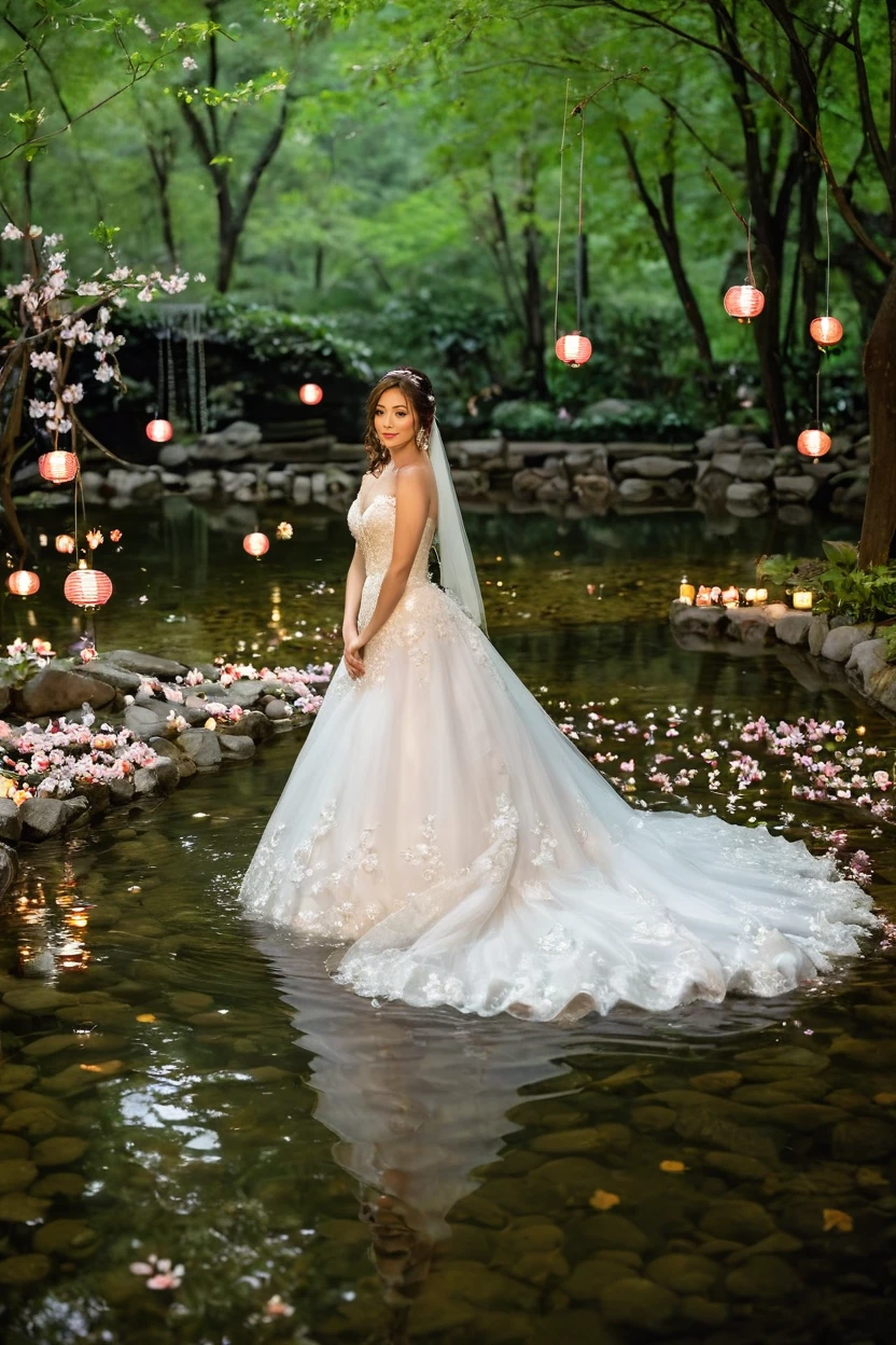 Bridal Photo ibone submerged in shallow water, flower bed with lanterns in the background, lush forest, leaves on water, falling sakura blossoms, butterflies, fireflies . wedding gowns, laced clothes, professional, detailed <lora:Bridal_XL:0.8>