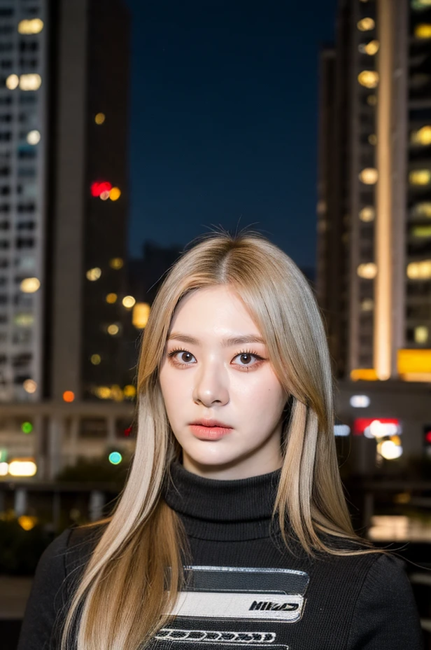 nikon RAW photo, 8k, Fujifilm XT3, blurry background, masterpiece, best quality, 1girl, solo, realistic, photorealistic, (extremely detailed face), looking at viewer, ultra-detailed eyes and pupils, ultra detailed, serious expression, standing against a city skyline at night, <lora:seeunlorashyv1_5:1>