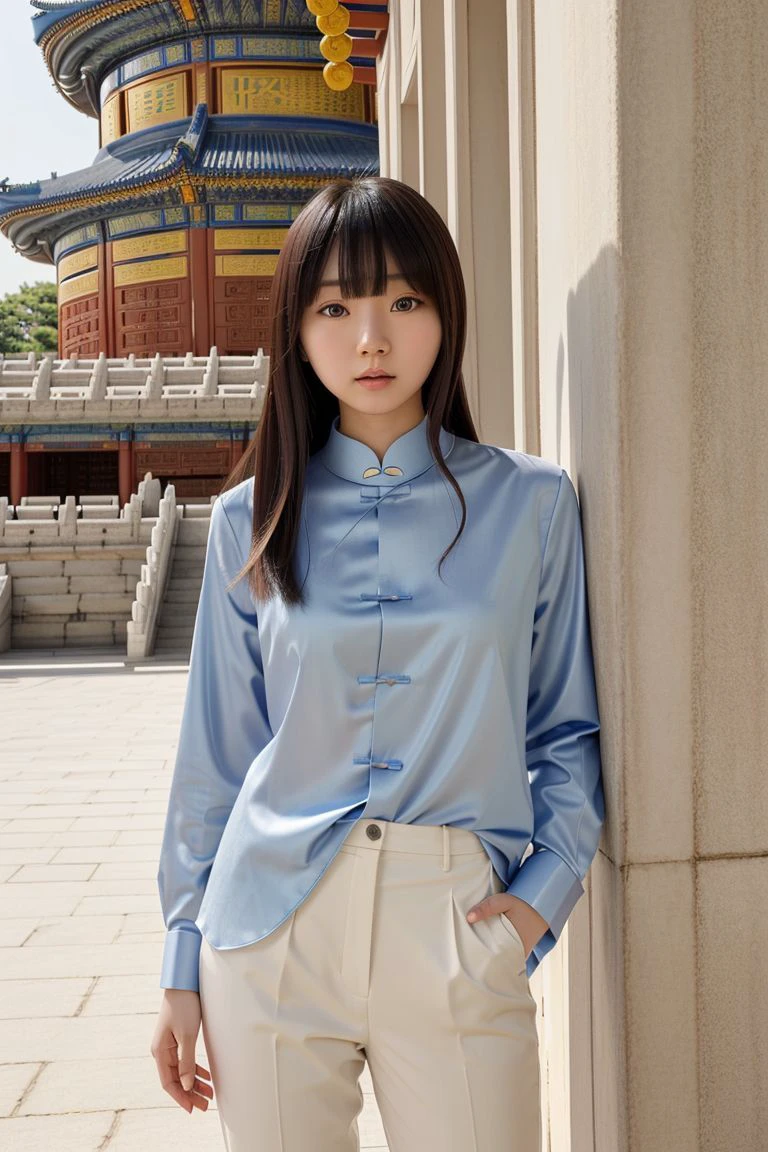 <lora:tsubasa_hazuki_obj20:0.5>, full_body, standing, sandals, (shirt), pants, (beijing temple of heaven), (tsubasa_hazuki: 1.2), perfect face, (contact iris: 1.1), pale skin, skin pores , depth of field