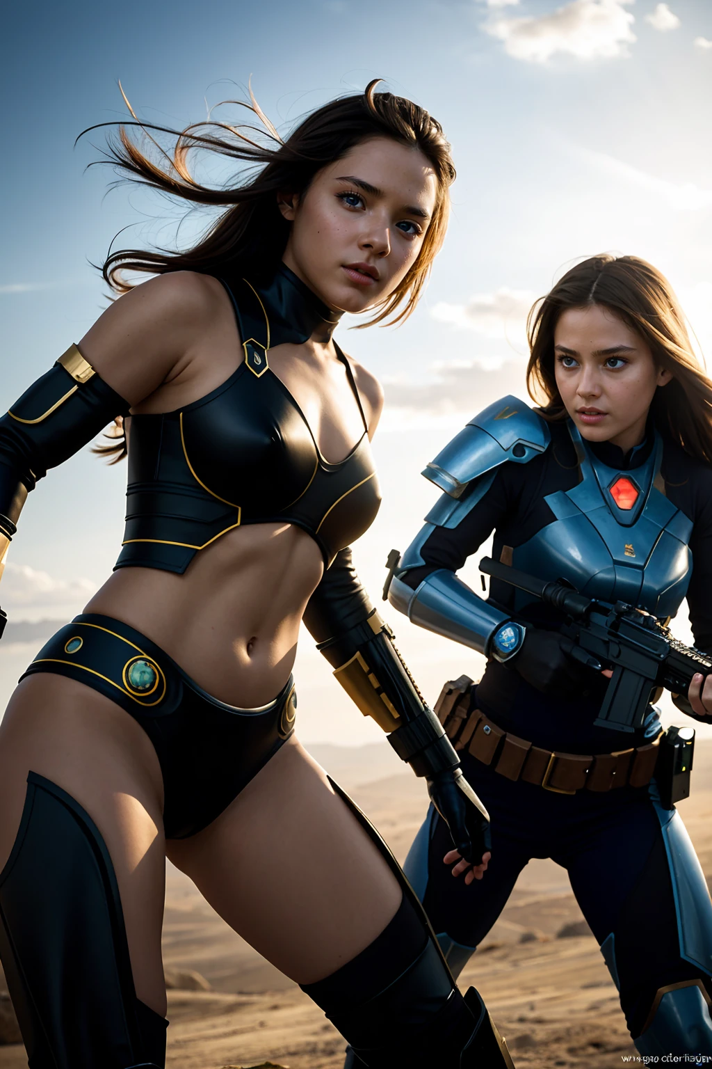 (masterpiece, best quality, high resolution:1.2), detailed face, detailed eyes, detailed skin, extremely detailed, intricate details,
2girls, action pose, epic scene, android warriors in a combat zone, battlefield, portal background, atmospheric, backlight