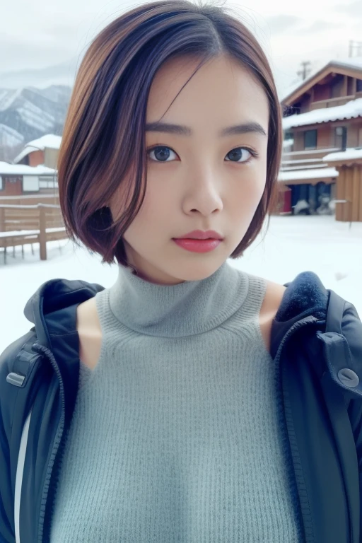 1girl,(wearing turtleneck sweater),(winter jacket),(RAW photo, best quality), (realistic, photo-realistic:1.4), masterpiece, an extremely delicate and beautiful, extremely detailed, 2k wallpaper, Amazing, finely detail, extremely detailed CG unity 8k wallpaper, ultra-detailed, highres, soft light, beautiful detailed girl, extremely detailed eyes and face, beautiful detailed nose, beautiful detailed eyes,cinematic lighting,at a ski resort,snow scenery,snow field,perfect anatomy,slender body,<lora:abeoto_lora:0.8>,(short hair)
