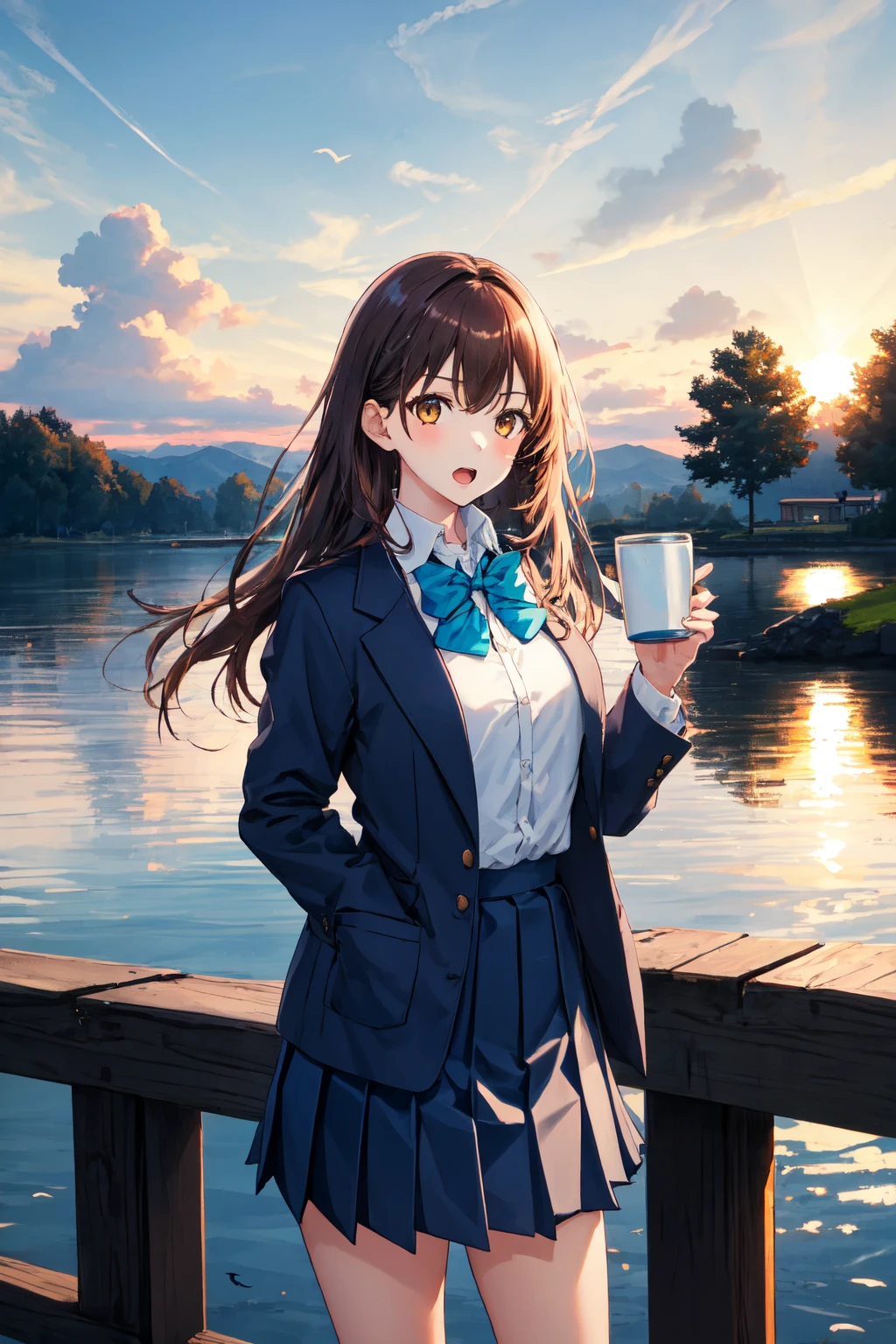 masterpiece, (detailed, highres, best quality), 1girl, <lora:spnozomiNatsuki:1> prnatsukidef, school uniform, blue bowtie, jacket, blue jacket, white shirt, collared shirt, pleated skirt, holding, holding cup, looking at viewer, open mouth, solo, standing, bird, blue sky, bridge, building, cloud, cloudy sky, gradient sky, horizon, house, lake, light rays, outdoors, scenery, seagull, signature, sky, sunbeam, sunlight, sunset, tree, very wide shot, water