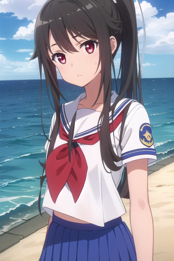 mashiromunetani, <lora:mashiro munetani s1-lora-nochekaiser:1>,
mashiro munetani, long hair, black hair, (red eyes:1.3), hair ribbon, ponytail,
BREAK skirt, ribbon, school uniform, short sleeves, pleated skirt, serafuku, blue skirt, neckerchief, red neckerchief,
BREAK outdoors, ocean, boat, navy,
BREAK looking at viewer, (cowboy shot:1.5),
BREAK <lyco:GoodHands-beta2:1>, (masterpiece:1.2), best quality, high resolution, unity 8k wallpaper, (illustration:0.8), (beautiful detailed eyes:1.6), extremely detailed face, perfect lighting, extremely detailed CG, (perfect hands, perfect anatomy),