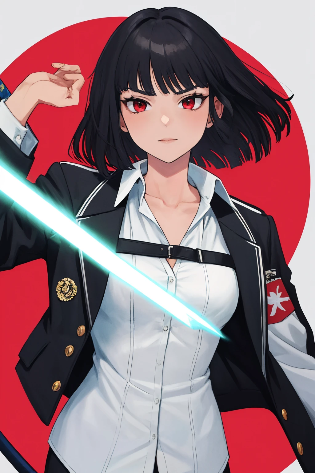 masterpiece, best quality, 1girl, solo, <lora:ryoshu-lc-richy-v1:1> ryoshu, white shirt, black jacket, jacket on shoulders, chest strap, katana, sheath