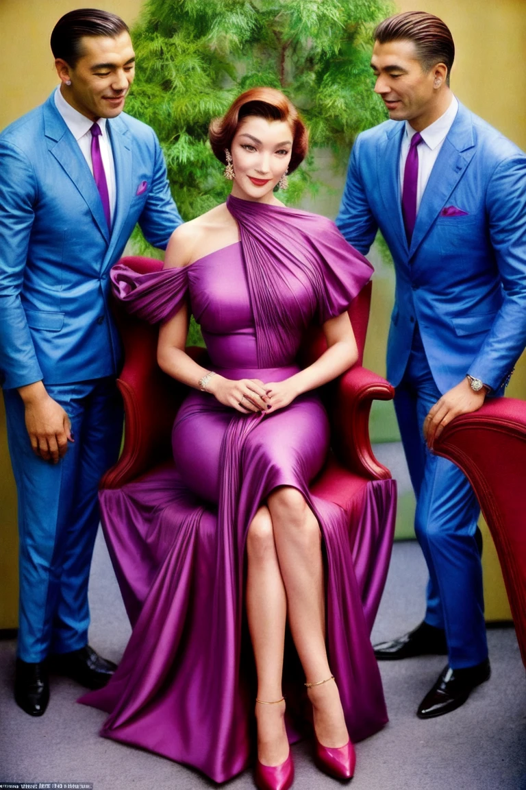 candid color photo of a woman wearing a dress by Madame Gres is sitting in a chair surrounded by men wearing suits, admiring <lora:gres_1950s_v1:1> <lora:add_detail:1> big breasts, fit body, smile