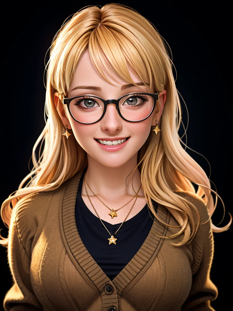 Realistic photo of a beautiful m3l1ss4rs woman, 1girl,solo,long hair,looking at viewer,smile,bangs,blonde hair,simple background,jewelry,upper body,glasses,teeth,necklace,star (symbol),grin,lips,cardigan,black background,realistic,star necklace, soft lighting, professional Photography, Photorealistic, detailed, RAW, analog, sharp focus, 8k, HD, high quality, masterpiece<lora:m3l1ss4r:1.0>