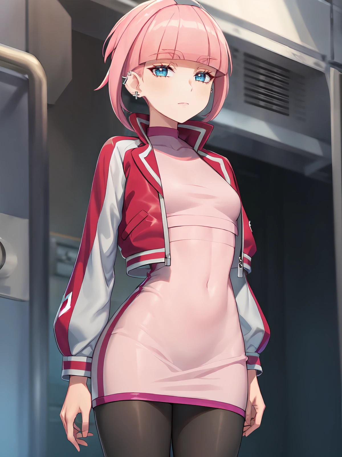 (extremely detailed CG), (best quality), perfect face, shiny skin, lustrous skin, 1girl,solo   narrow waist,  wide hips, <lora:Mollie-10:0.8>mollie, jacket, pink hair, bangs, blunt bangs, earrings, jewelry, pantyhose, blue eyes, short hair, piercing, open jacket, long sleeves, black pantyhose, open clothes, ear piercing, skirt, pink jacket, hairband,pink dress,