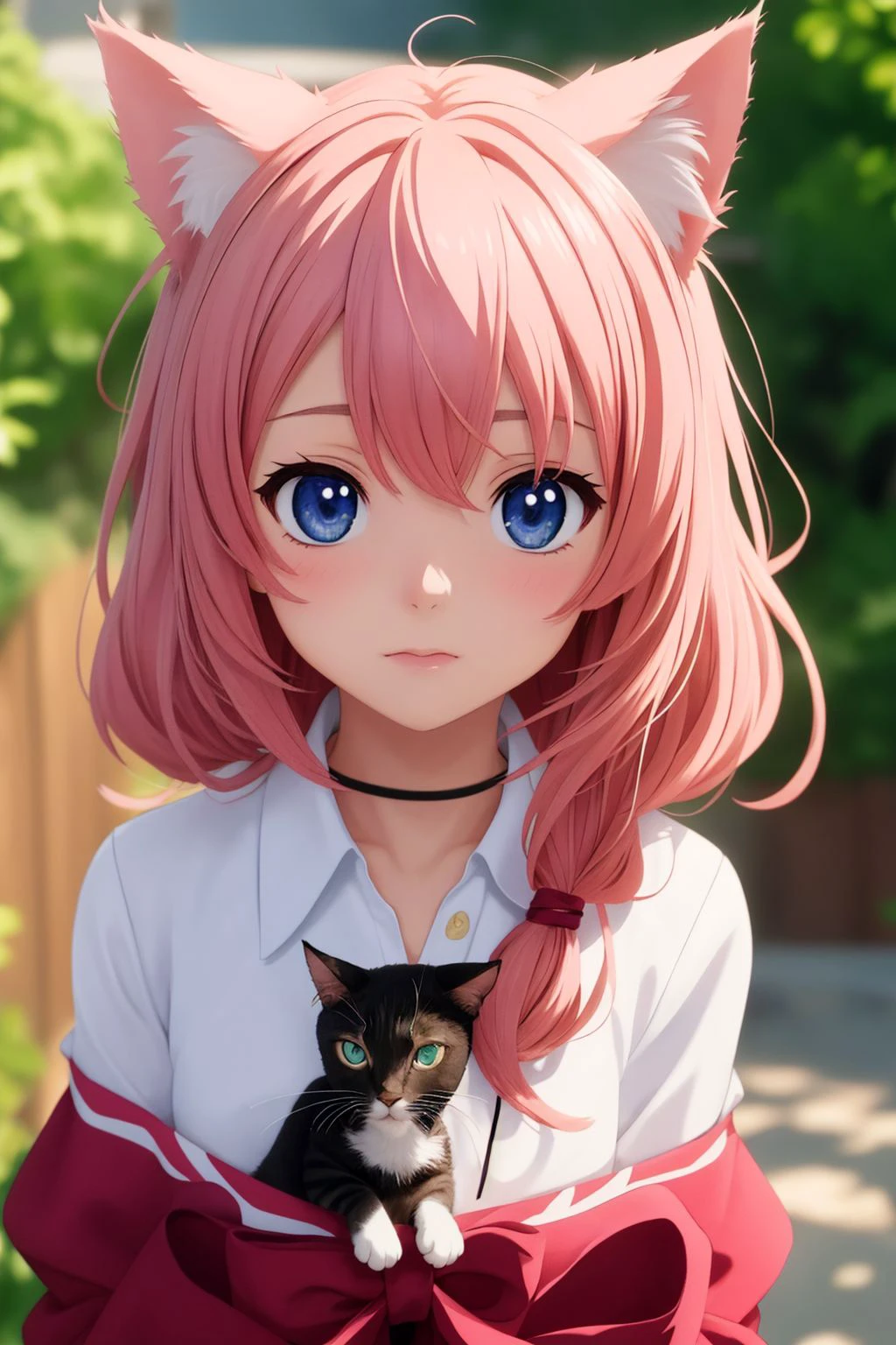 anime, masterpiece, best quality, (1girl), kyoani, beautiful detailed eyes, looking at viewer, upper body, pink hair, shy, cat ears, very detailed, high resolution, sharp, sharp image, 4k, 8k