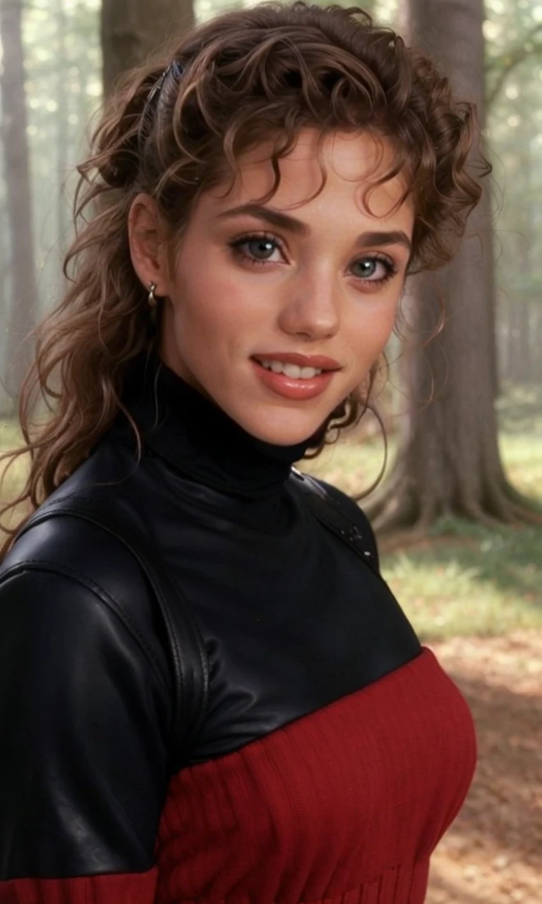 eliberk90s, 1 girl, uhd, best quality, masterpiece, 5 fingers, closeup, photorealistic, turtleneck, raw image, 80s dark fantay, leather armor, school lockers, 1990s \(style\), smile, looking at viewer, skin pores, dark fantasy forest