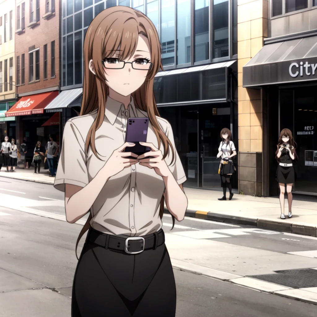 <lora:MoekaKiryu001:0.4>,<lora:add_detail:0.5>,
MoekaKiryu,1woman,solo,
brown hair,long hair,
glasses,
Collared shirt,short sleeve,
belt,
black skirt,
looking_at_flip_phone,
city,