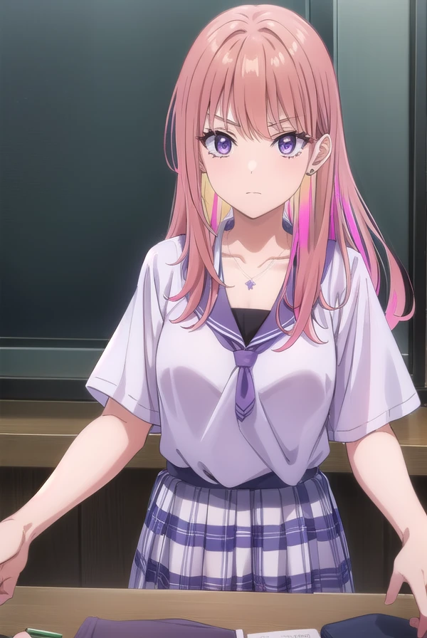 nikoruyamana, <lora:nikoru yamana s1-lora-nochekaiser:0.8>,
nikoru yamana, long hair, bangs, (purple eyes:1.1), pink hair, multicolored hair, two-tone hair, streaked hair, makeup,
BREAK skirt, shirt, jewelry, school uniform, collarbone, white shirt, short sleeves, pleated skirt, earrings, necklace, blue skirt, streaked hair, plaid, plaid skirt,
BREAK indoors, classroom,
BREAK looking at viewer, (cowboy shot:1.5),
BREAK <lyco:GoodHands-beta2:1>, (masterpiece:1.2), best quality, high resolution, unity 8k wallpaper, (illustration:0.8), (beautiful detailed eyes:1.6), extremely detailed face, perfect lighting, extremely detailed CG, (perfect hands, perfect anatomy),