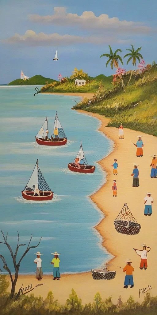 Oil painting on canvas of a fishing scene near the beach with fishermen with nets and sail boats in the background, brazil street art style <lora:Brazil_Street_Art>