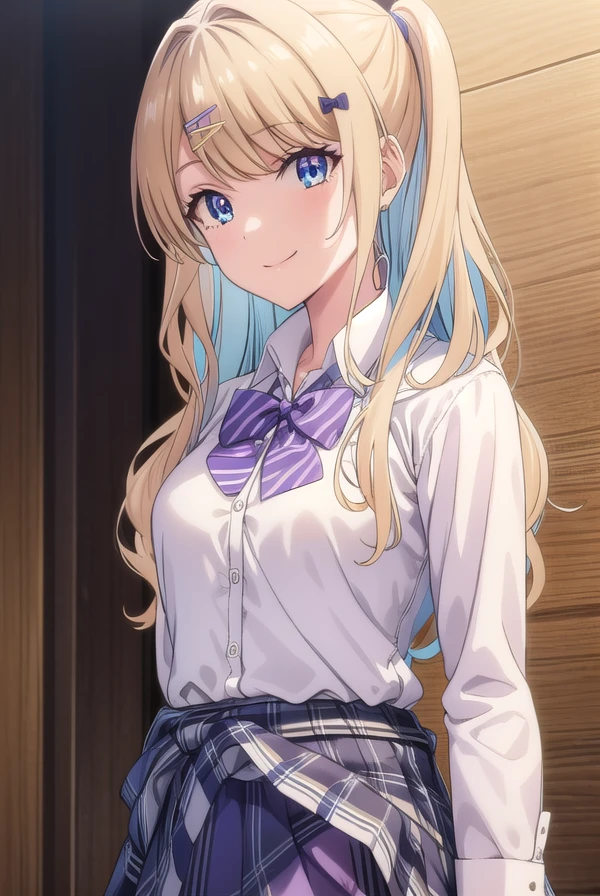 lunashirakawa, <lora:luna shirakawa s1-lora-nochekaiser:0.8>,
luna shirakawa, long hair, blue eyes, blonde hair, hair ornament, bow, multicolored hair, hairclip, smile,
BREAK skirt, shirt, thighhighs, bow, school uniform, white shirt, pleated skirt, shoes, black thighhighs, bowtie, blue skirt, plaid, plaid skirt, loafers, purple bow, clothes around waist, gyaru, purple bowtie,
BREAK looking at viewer,
BREAK indoors, classroom, (cowboy shot:1.5),
BREAK <lyco:GoodHands-beta2:1>, (masterpiece:1.2), best quality, high resolution, unity 8k wallpaper, (illustration:0.8), (beautiful detailed eyes:1.6), extremely detailed face, perfect lighting, extremely detailed CG, (perfect hands, perfect anatomy),