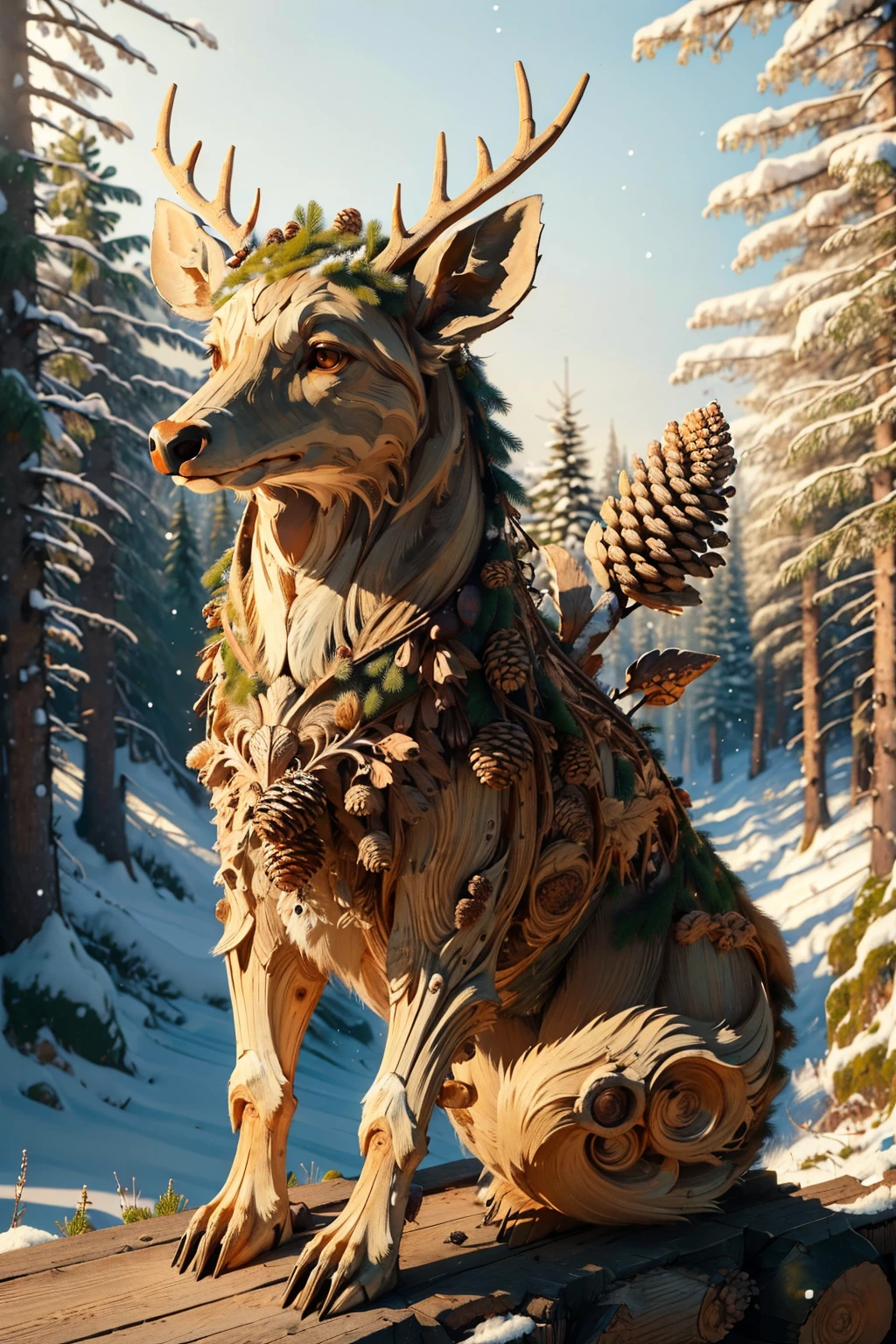 masterpiece, best quality, <lora:evergreen-nvwls-v1:1> evergreenstyle deer, pine cones, antlers, winter, alpine forest, outdoors