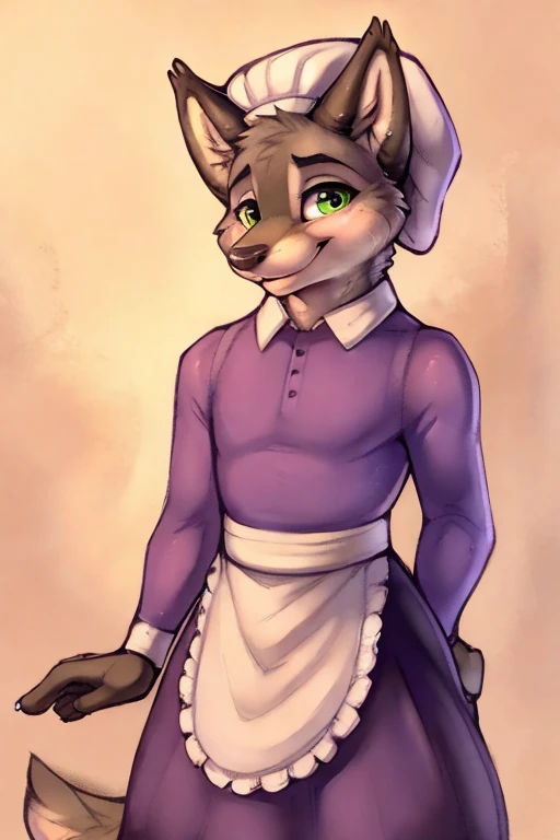 by zackary911, by loimu, by ruaidri,
Wolfie, smiling at viewer, (purple and white clothing:1.2, maid uniform, long sleeves),  white bonnet, sharp green eyes, male, (girly:1.2)
<lora:Wolfie_V2 - FRLionE160VpredE133_-step00002400:0.8>