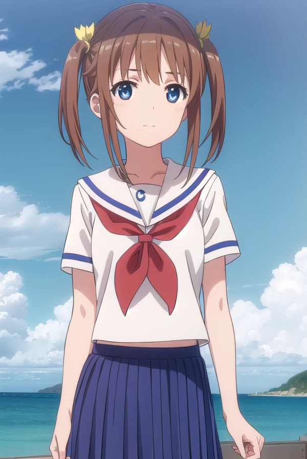 akenomisaki, <lora:akeno misaki s1-lora-nochekaiser:1>,
akeno misaki, ribbon, short hair, blue eyes, brown hair, twintails, hair ribbon, smile,
BREAK skirt, school uniform, short sleeves, pleated skirt, serafuku, socks, blue skirt, neckerchief, red neckerchief, white sailor collar,
BREAK outdoors, ocean, boat, navy,
BREAK looking at viewer, (cowboy shot:1.5),
BREAK <lyco:GoodHands-beta2:1>, (masterpiece:1.2), best quality, high resolution, unity 8k wallpaper, (illustration:0.8), (beautiful detailed eyes:1.6), extremely detailed face, perfect lighting, extremely detailed CG, (perfect hands, perfect anatomy),