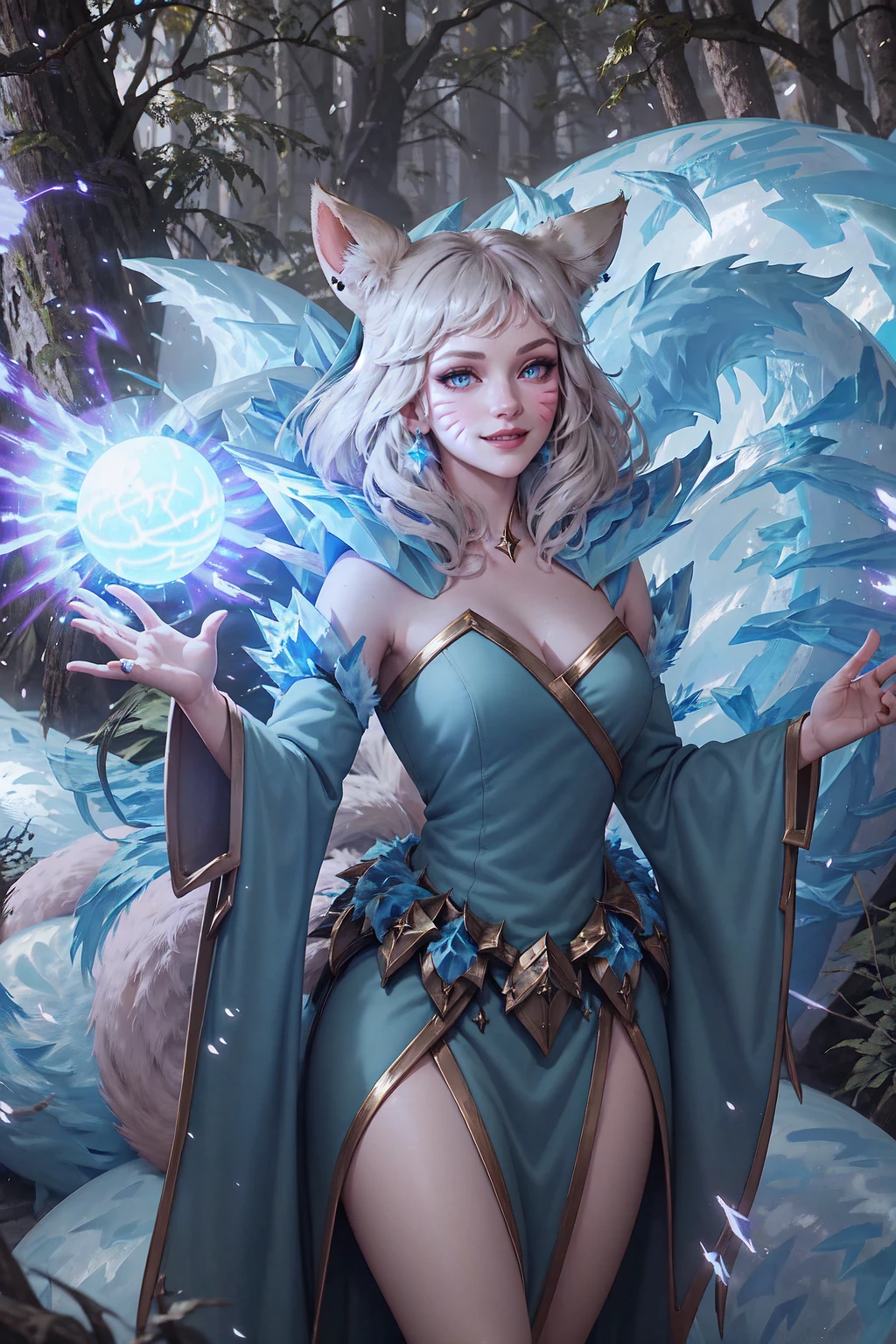 1girl, IncrsAhriWinterQueen, whisker markings, facial mark, <lora:AhriWinterQueen:1>, fox tail, multiple tails, ice, blue dress, seductive smile, energy ball, energy,