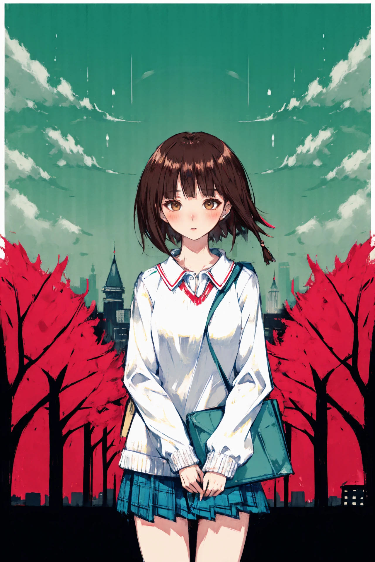 solo, abstract, 1girl, looking at viewer, closed mouth, upper body, spot color, white background, bangs, long hair .solo, bag, skirt, sky, cloud, brown eyes, short hair, looking at viewer, brown hair, outdoors, holding, sweater, railing, black border, cityscape, cloudy sky, border, shirt, pleated skirt, long sleeves, plastic bag, open mouth, tree, cowboy shot, standing, school uniform, city, collared shirt, scenery, blush, can, building, blue skirt, holding bag, drinking straw, white shirt
/////////// <lora:AkramBham:1>, <lora:ç»ä¸½çå
å½±:0.2>,<lora:add_detail:0.35>, <lora:adaptedmodel:0.35>