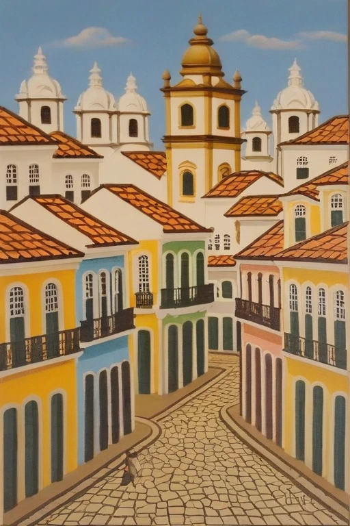 Oil painting on canvas of old town center of Salvador Brazil, Colonial buildings with tile roofs and cobblestone roads, signed M. Nasemento, brazil street art style <lora:Brazil_Street_Art>