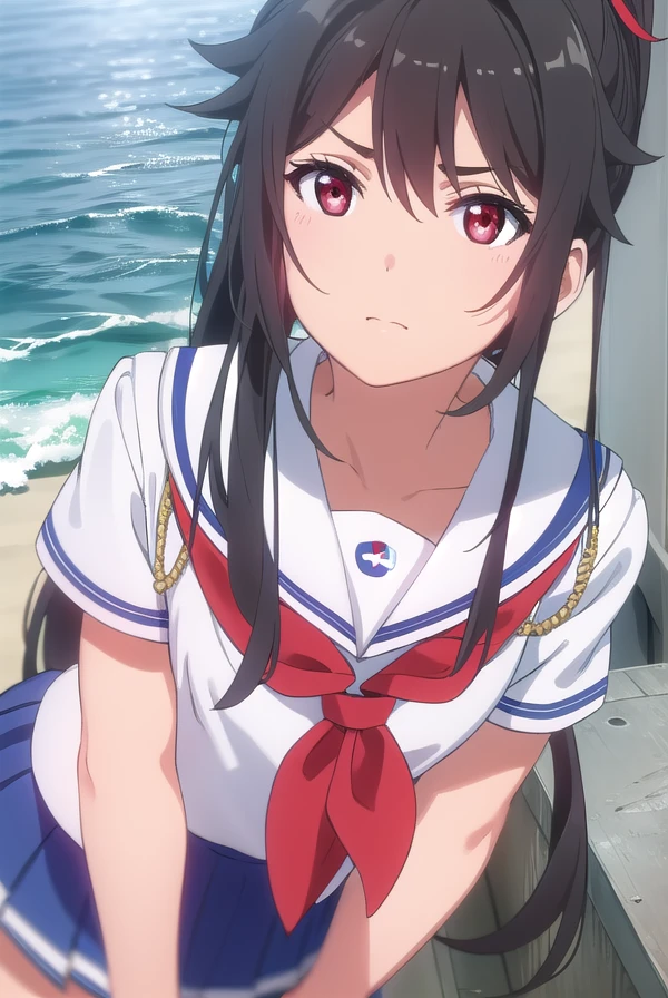 mashiromunetani, <lora:mashiro munetani s1-lora-nochekaiser:1>,
mashiro munetani, long hair, black hair, (red eyes:1.3), hair ribbon, ponytail,
BREAK skirt, ribbon, school uniform, short sleeves, pleated skirt, serafuku, blue skirt, neckerchief, red neckerchief,
BREAK outdoors, ocean, boat, navy,
BREAK looking at viewer, (cowboy shot:1.5),
BREAK <lyco:GoodHands-beta2:1>, (masterpiece:1.2), best quality, high resolution, unity 8k wallpaper, (illustration:0.8), (beautiful detailed eyes:1.6), extremely detailed face, perfect lighting, extremely detailed CG, (perfect hands, perfect anatomy),