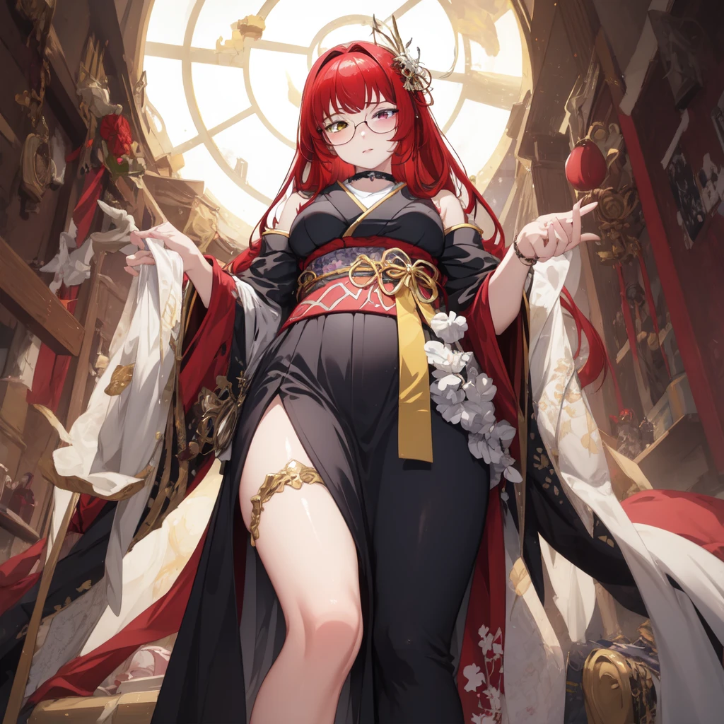 masterpiece, best quality, 1girl,japanese clothes, heterochromia, red eyes|yellow eyes, glasses,,from below,