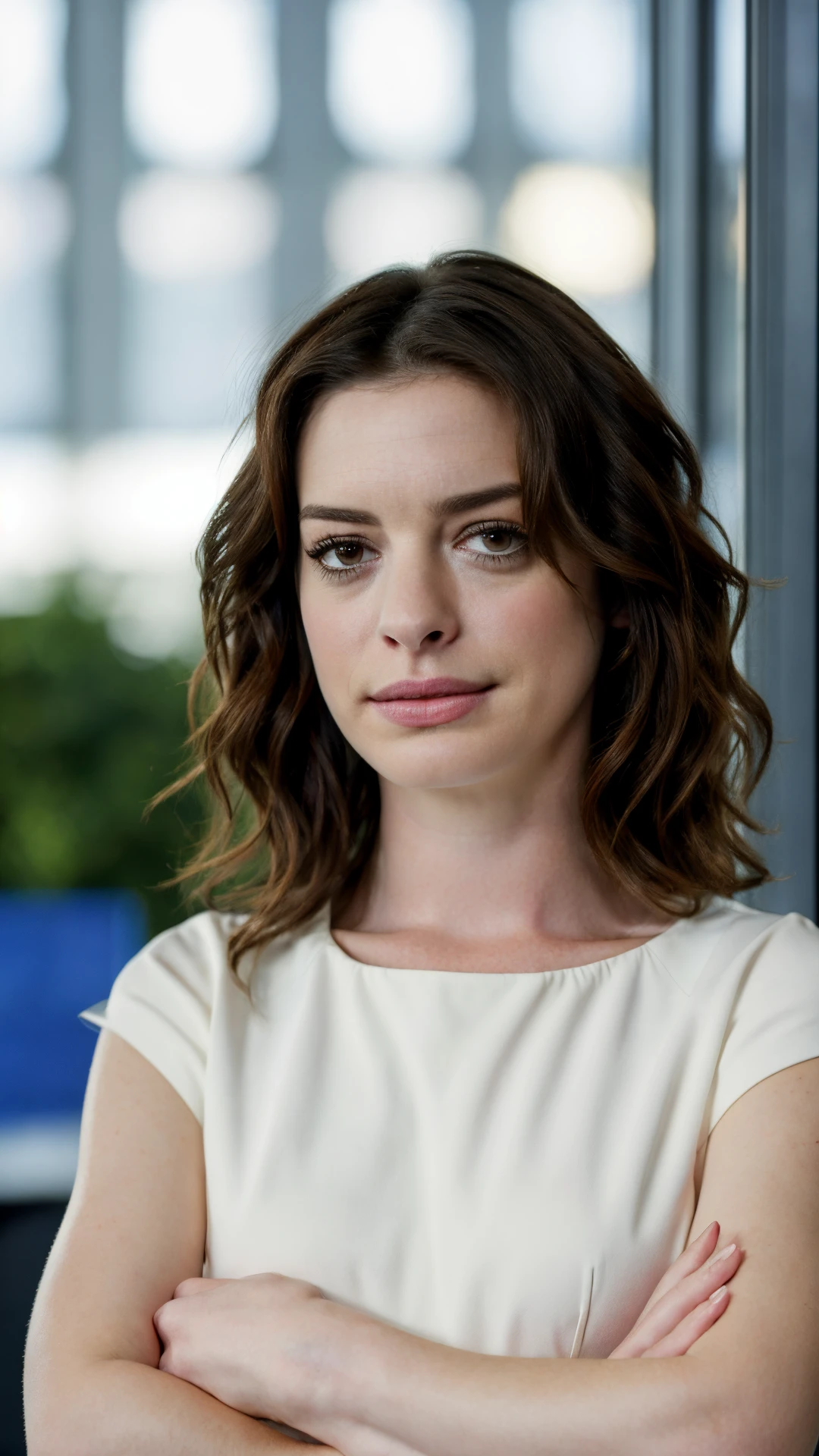 A professional profile photo for linkedin of 4nn3h4th4w4y, business clothing, crossed arms, looking at viewer, at office, bokeh background, deep of field, kkw-ph1 <lora:LKDN-Female:0.8>