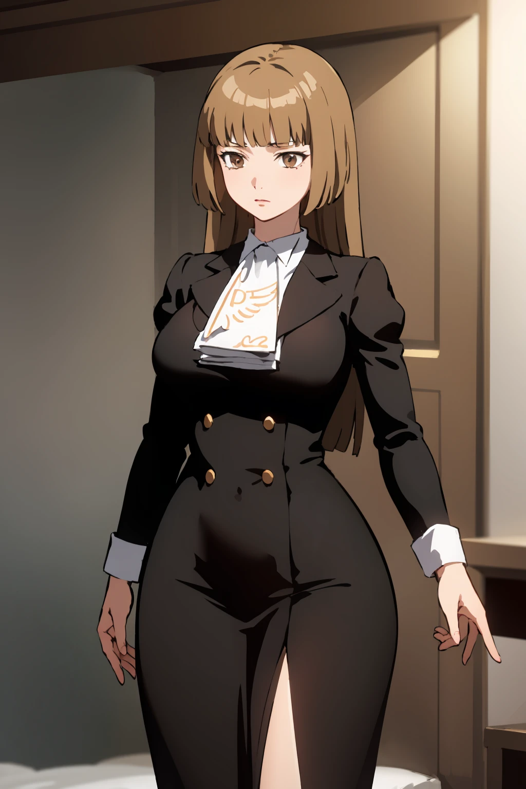 masterpiece,high quality,highres,1girl,solo,<lora:umi-rosa-v3-wasabiya:1>,umirosa,long hair,brown eyes,brown hair,blunt bangs,hime cut,black dress,ascot, large breasts, wide hips, mature female,