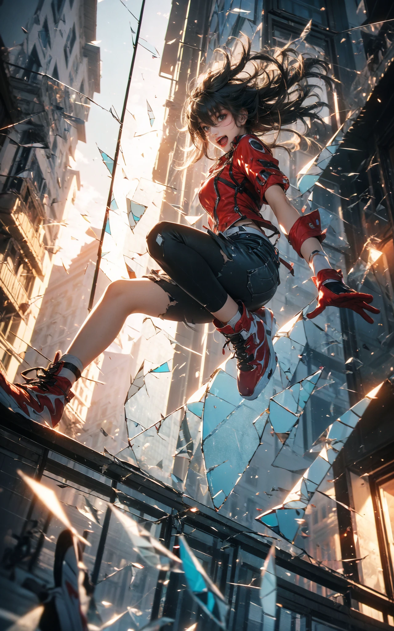 jumpingmidair, 1girl, open mouth, outdoors, building, (broken glass:1.5), shoes, (red gloves:1.3),
Glow, reflective glass, light pollution
<lora:~Q?-gV jumping:0.8>