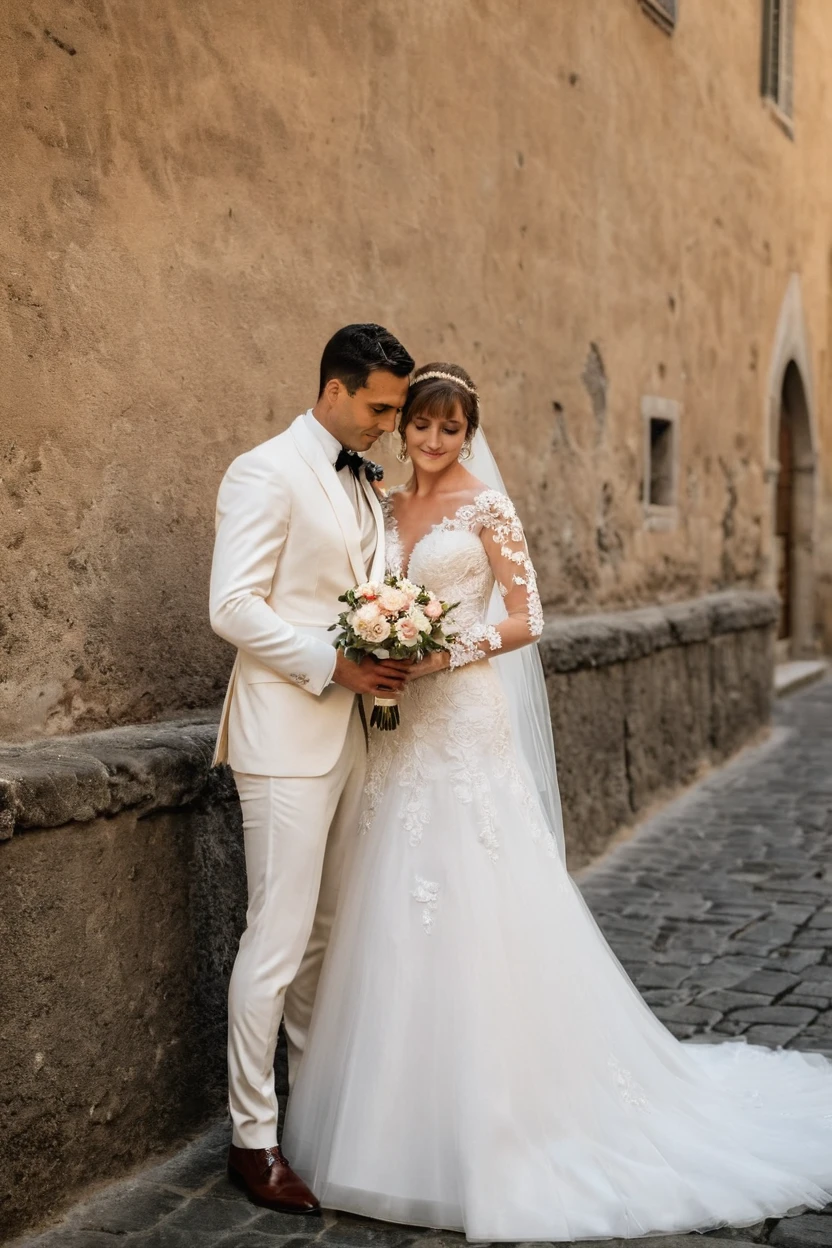 Bridal Photo bride and groom at florence, italy . wedding gowns, laced clothes, professional, detailed <lora:Bridal_XL:0.8>