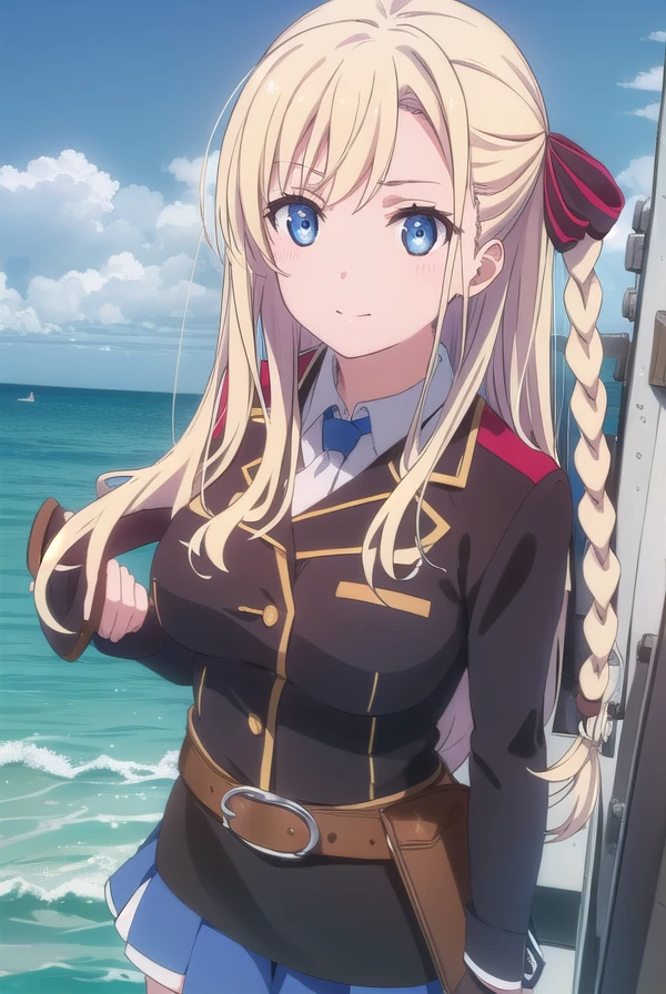 mashiromwilhelminabraunschweigingenohlfriedeburgnetani, <lora:wilhelmina braunschweig ingenohl friedeburg s1-lora-nochekaiser:1>,
wilhelmina braunschweig ingenohl friedeburg, long hair, blue eyes, blonde hair, braid, hair braid, single braid, ribbon, hair ribbon, smile,
BREAK skirt, thighhighs, striped, belt, uniform, zettai ryouiki, military, military uniform, striped thighhighs,
BREAK outdoors, ocean, boat, navy,
BREAK looking at viewer, (cowboy shot:1.5),
BREAK <lyco:GoodHands-beta2:1>, (masterpiece:1.2), best quality, high resolution, unity 8k wallpaper, (illustration:0.8), (beautiful detailed eyes:1.6), extremely detailed face, perfect lighting, extremely detailed CG, (perfect hands, perfect anatomy),