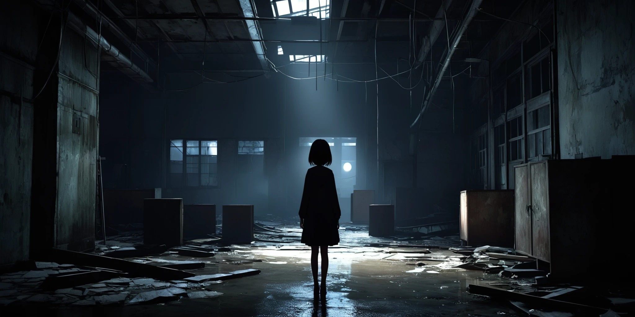 masterpiece,
best quality,
game cg,
standing ,1girl,black hair,
BREAK
In the darkness of nighttime, an abandoned factory looms. The interior is dim and gloomy, with broken windows and liquid spilled on the floor.
BREAK
The lighting is barely illuminating, adding to the overall horror-like atmosphere. There's a sensation of something moving in the dark, yet no one is there to confirm it.
BREAK
Eerie noises echo throughout, mixed with the sound of creepy laughter. Everything here screams that one should not be in this place.
BREAK