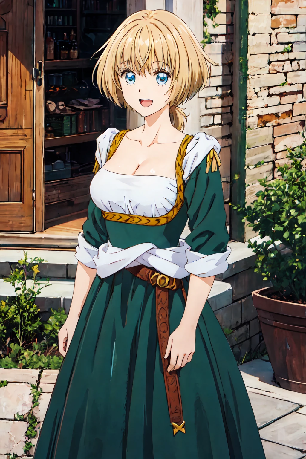 masterpiece, best quality, cowboy shot, artearte, 1girl, solo, blue eyes, blonde hair, short hair, ponytail, ,belt, looking at viewer, collarbone, green dress, ,cleavage, large breasts, open mouth, <lora:arte3:1>(smile:0.8)