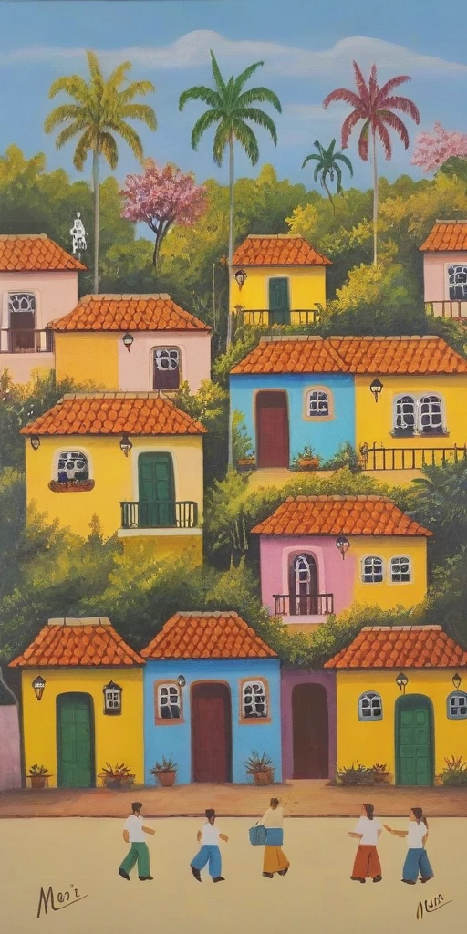 Oil painting on canvas of a traditional colorful houses with tile roofs and trees in the , signed Mori, brazil street art style <lora:Brazil_Street_Art>