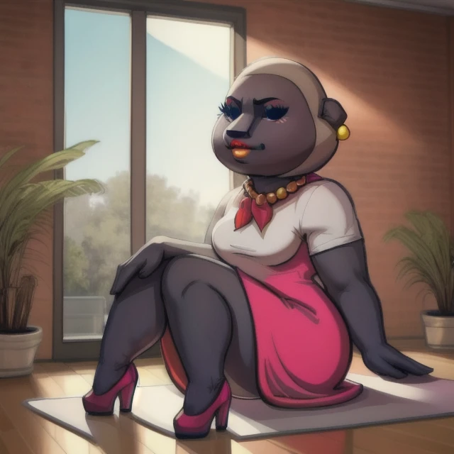 anthro,
female,
solo,
 <lora:Director_Gori-10:1> director_gori,
1girl,  dress, earrings, flat color, full body, high heels, indoors, jewelry, lipstick, makeup, pearl necklace, pink dress, plant, red neckerchief, short hair, sitting, solo, thighs, white shirt,
(masterpiece, best quality, 4k, 2k, shaded, absurd res),, anthro,
female,
solo,
<species>,
<lora>,
(masterpiece, best quality, 4k, 2k, shaded, absurd res),