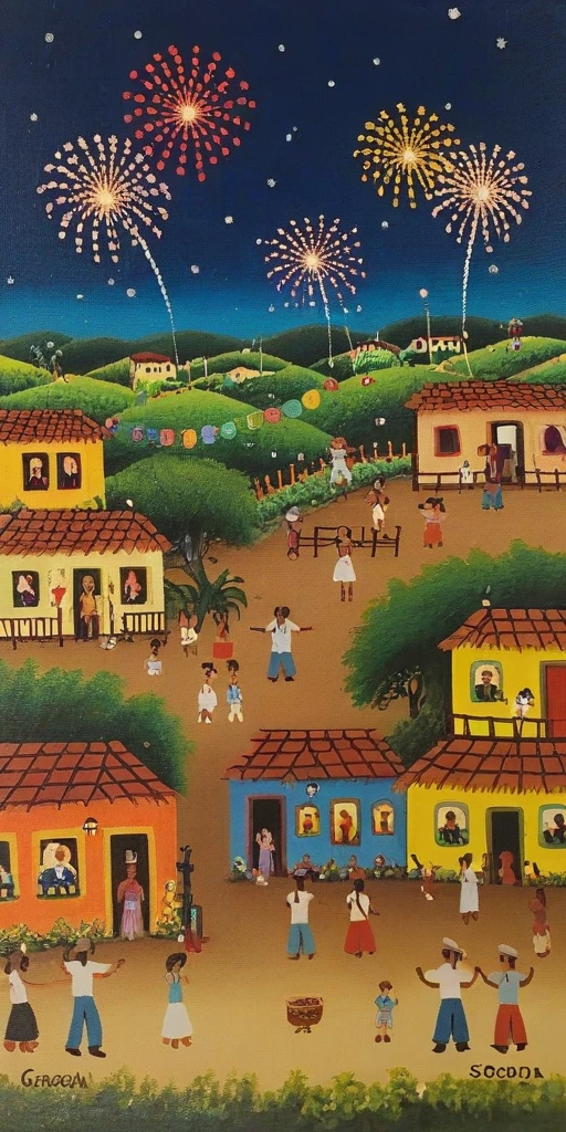 Oil painting on canvas of the June harvest festival scene at nigh with decorated houses and fireworks in the background, signed G Souza 11-3, brazil street art style <lora:Brazil_Street_Art>