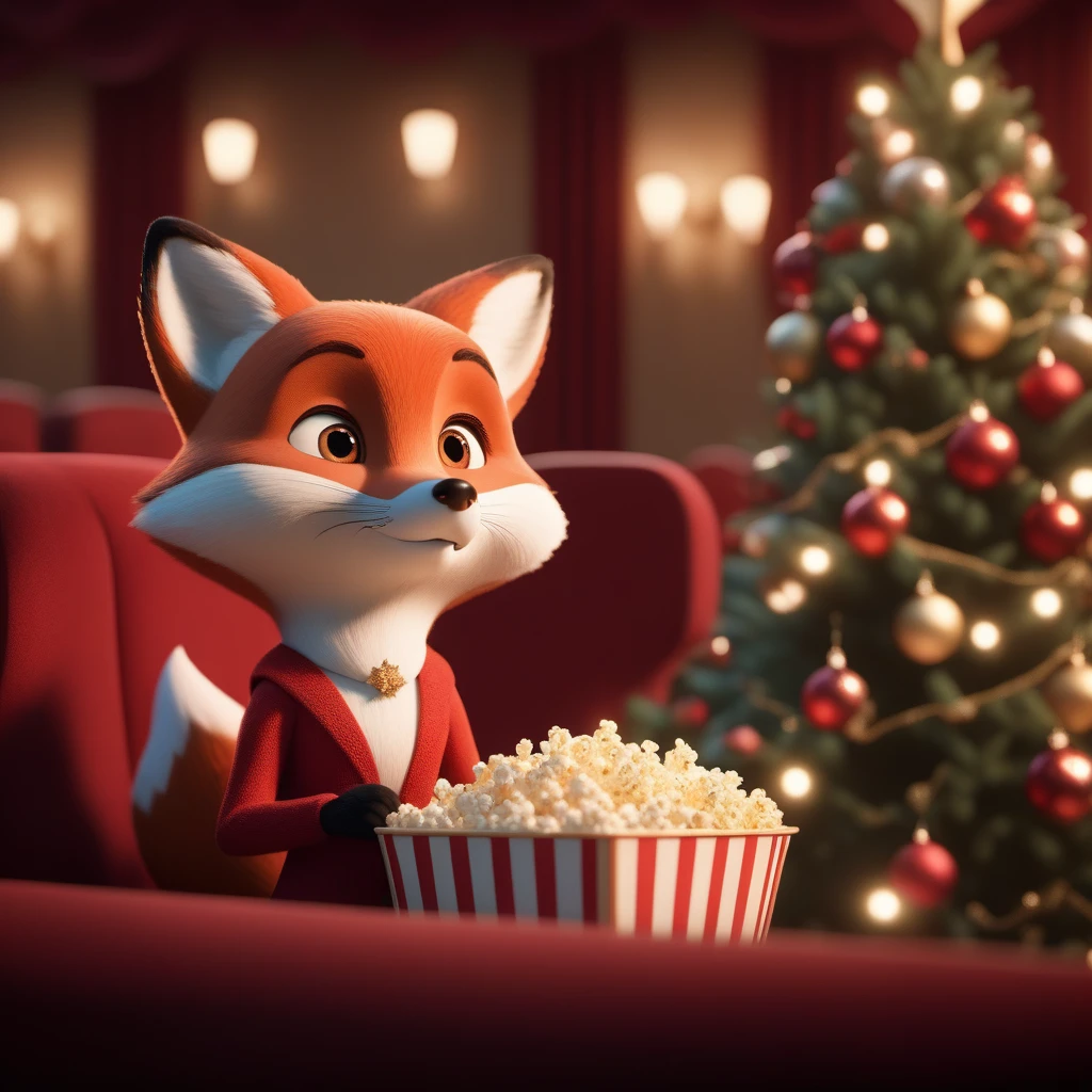 cinematic film still  <lora:sdxl_quiron_Chritsmas_v3_lora:0.87> ChristmasQuiron style, Christmas, Christmas tree, Christmas decorations,  Cute small humanoid Fox woman sitting in a movie theater eating popcorn watching a movie ,unreal engine, cozy indoor lighting, artstation, detailed, digital painting,cinematic,character design by mark ryden and pixar and hayao miyazaki, unreal 5, daz, hyperrealistic, octane render. . shallow depth of field, vignette, highly detailed, high budget, bokeh, cinemascope, moody, epic, gorgeous, film grain, grainy