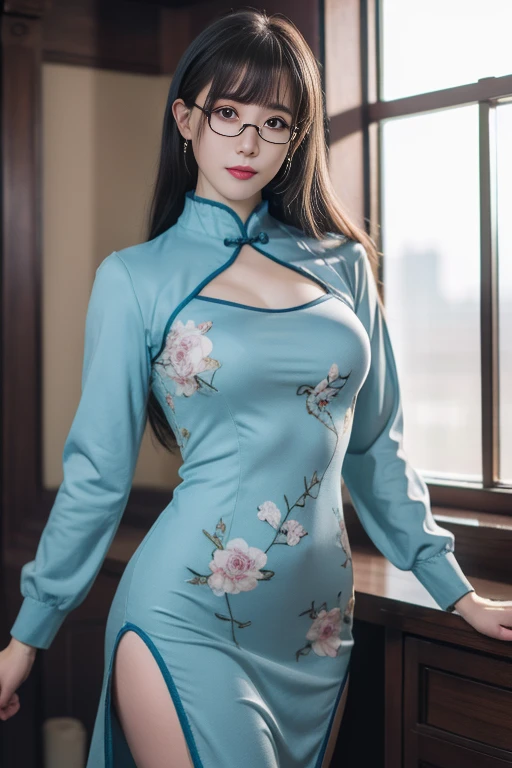 beautiful woman , looking directly at the camera, very realistic, at home,silk cheongsam, clothes tight against body, clothes too tight, film grain, fit muscular body, clothes too tight, , seductive, sexy, short sleeves, glasses, large breasts