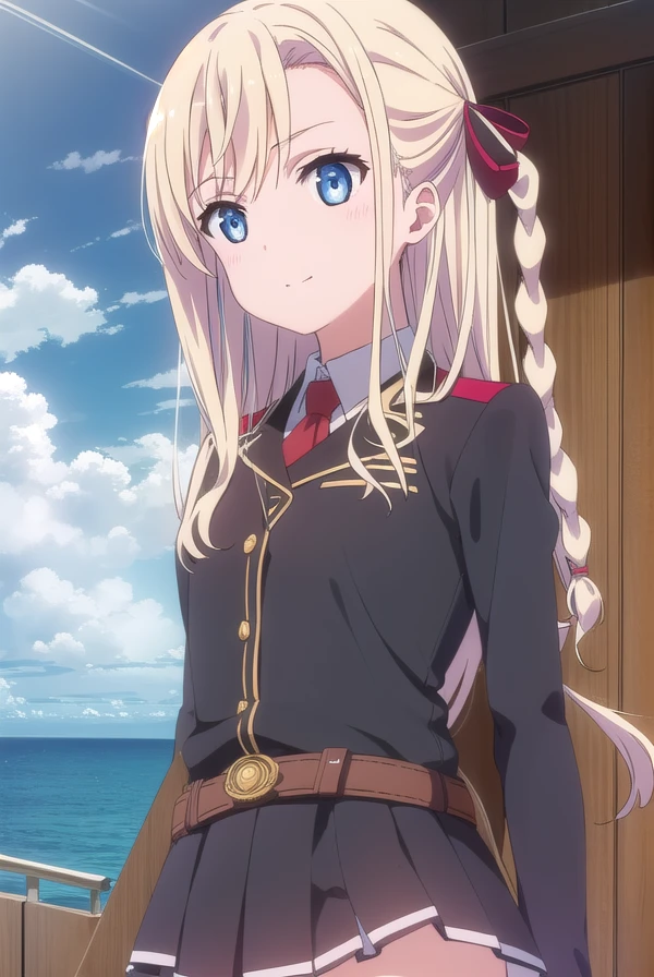 mashiromwilhelminabraunschweigingenohlfriedeburgnetani, <lora:wilhelmina braunschweig ingenohl friedeburg s1-lora-nochekaiser:1>,
wilhelmina braunschweig ingenohl friedeburg, long hair, blue eyes, blonde hair, braid, hair braid, single braid, ribbon, hair ribbon, smile,
BREAK skirt, thighhighs, striped, belt, uniform, zettai ryouiki, military, military uniform, striped thighhighs,
BREAK outdoors, ocean, boat, navy,
BREAK looking at viewer, (cowboy shot:1.5),
BREAK <lyco:GoodHands-beta2:1>, (masterpiece:1.2), best quality, high resolution, unity 8k wallpaper, (illustration:0.8), (beautiful detailed eyes:1.6), extremely detailed face, perfect lighting, extremely detailed CG, (perfect hands, perfect anatomy),