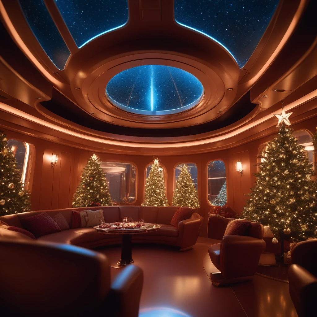 cinematic film still  <lora:sdxl_quiron_Chritsmas_v3_lora:0.87> ChristmasQuiron style, Christmas, Christmas tree, Christmas decorations,  Vintage 90's anime style. cluttered starship interior; crew inside a starship; by Hajime Sorayama, Greg Tocchini, Virgil Finlay, sci-fi, colors, neon lights. . shallow depth of field, vignette, highly detailed, high budget, bokeh, cinemascope, moody, epic, gorgeous, film grain, grainy