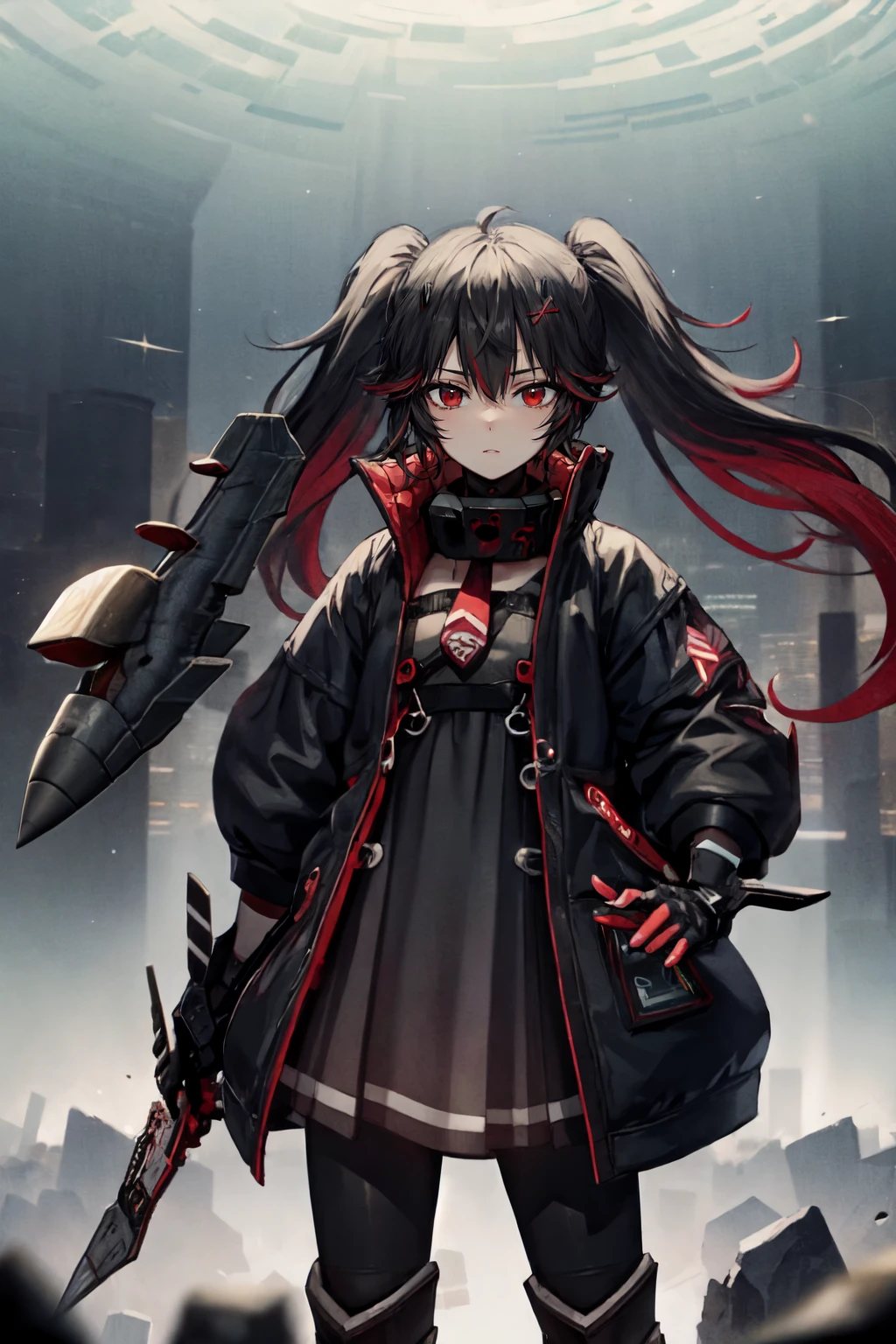 masterpiece, best aesthetic,  twintails, two-tone hair, black hair, red hair, red eyes, horns, very long hair, fluffy hair, disheveled hair, x hair ornament
BREAK black coat, open coat, black dress, red tie, collar,
BREAK mechanical arms, mechanical legs, (shattered glass:1.3), glass fragments, looking at viewer, floating hair, short sleeves, digital landscape, giant cubes, white cubes
BREAK (space:1.25), (aircraft:1.4), focused
BREAK cowboy shot, black leggings
<lora:luciaplume:1>