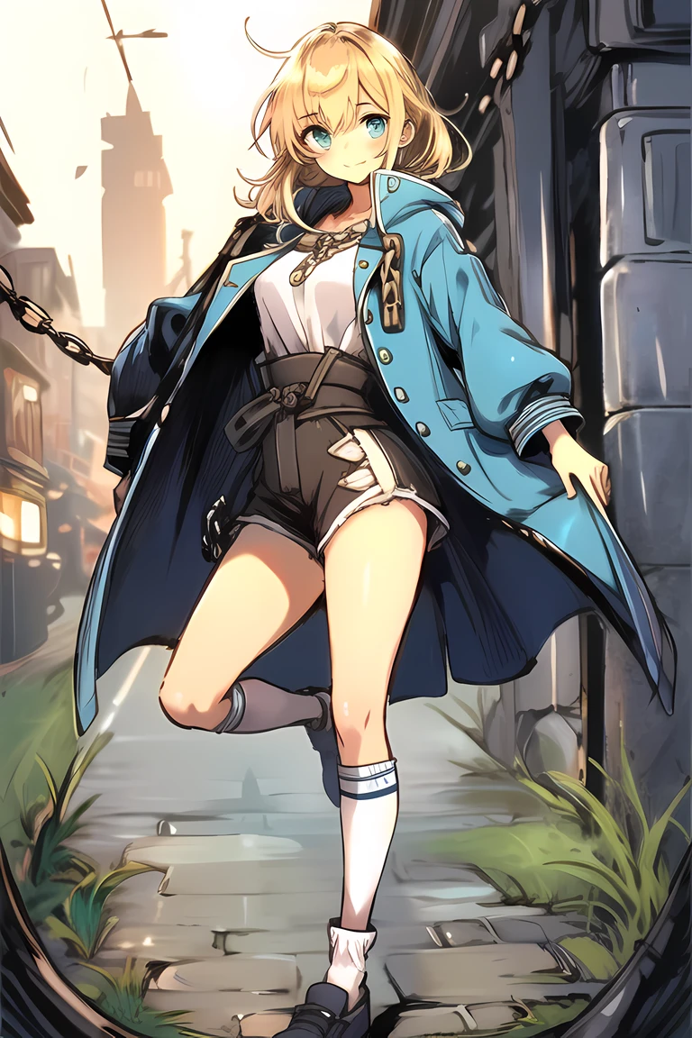 <lora:fav_style_2:0.85>,1girl,bangs,blonde hair,blue eyes,chain,closed mouth,looking at viewer,smile,socks,solo,standing on one leg,white legwear,