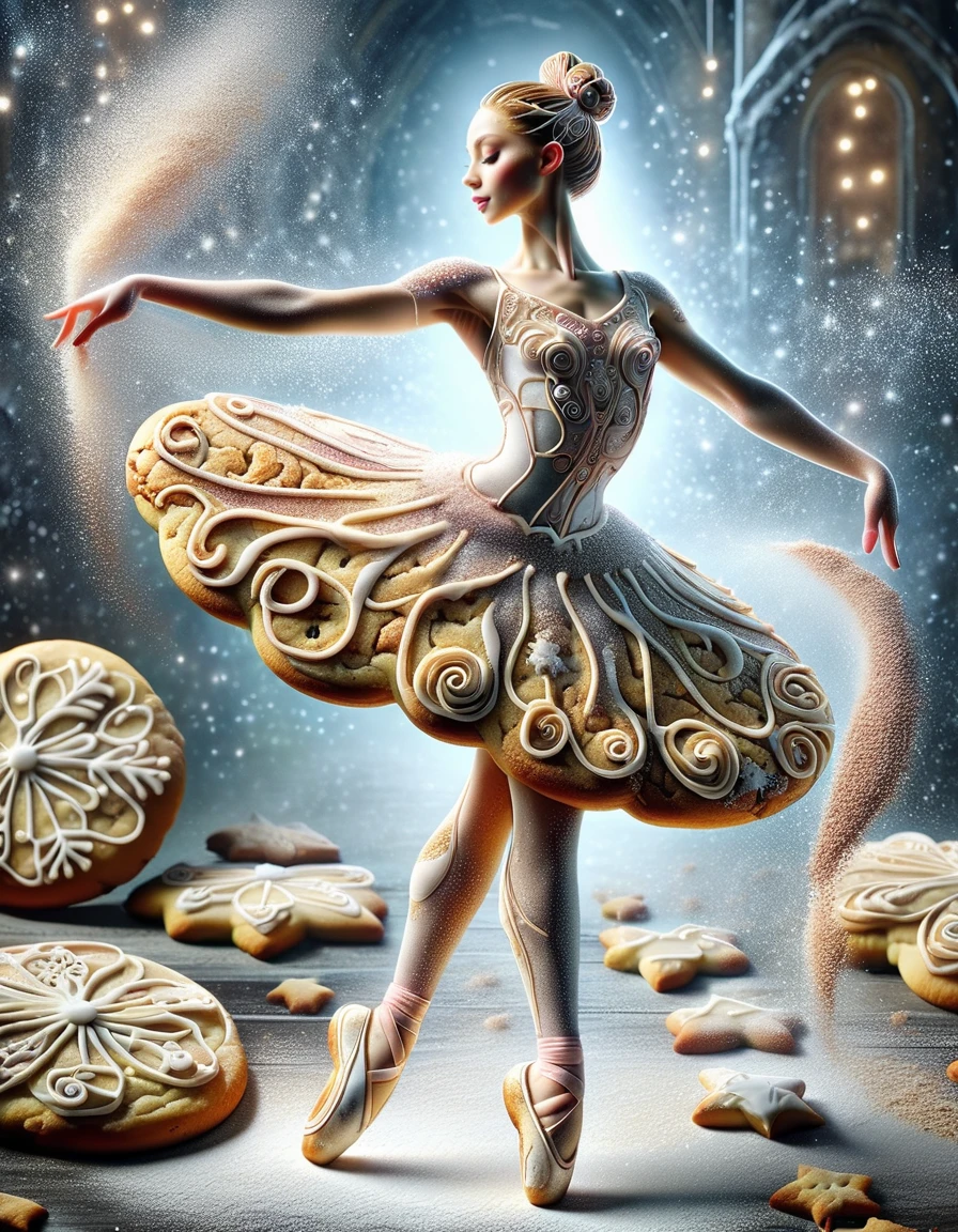 <lora:SDXLSugarCookie:1> sugarcookiestyle, Highly detailed Dynamic shot of ballerina, high quality, beautiful masterpiece, dusted with sugar, macro, up close