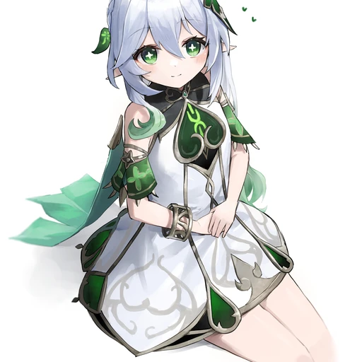 1girl, green_eyes, pointy_ears, solo, dress, white_background, smile, looking_at_viewer, hair_between_eyes, hair_ornament, leaf, blush, green_ribbon, closed_mouth